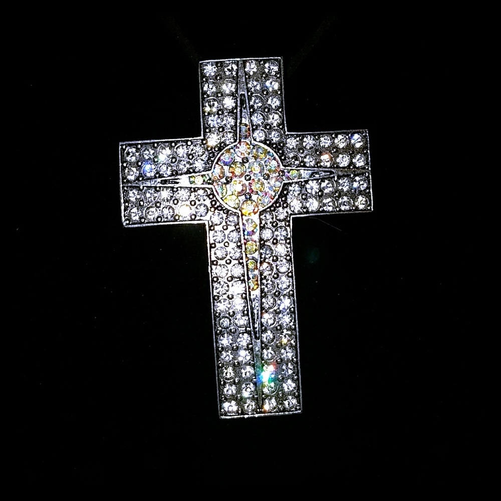 Clear & Aurora Borealis Rhinestone Cross Pendant