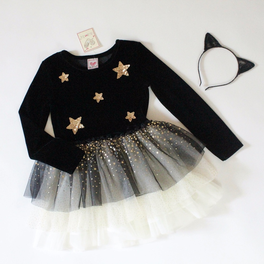 Calla Lily - Black Velvet Gold Sequin Star Dress