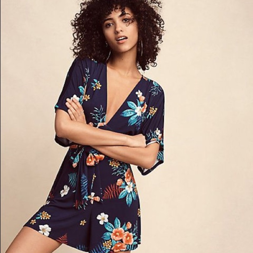 Express Floral Plunge Neck Knit Romper