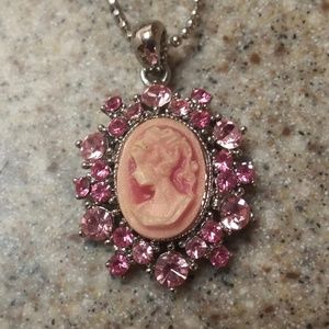 Dainty Pink Rhinestone Cameo Pendant