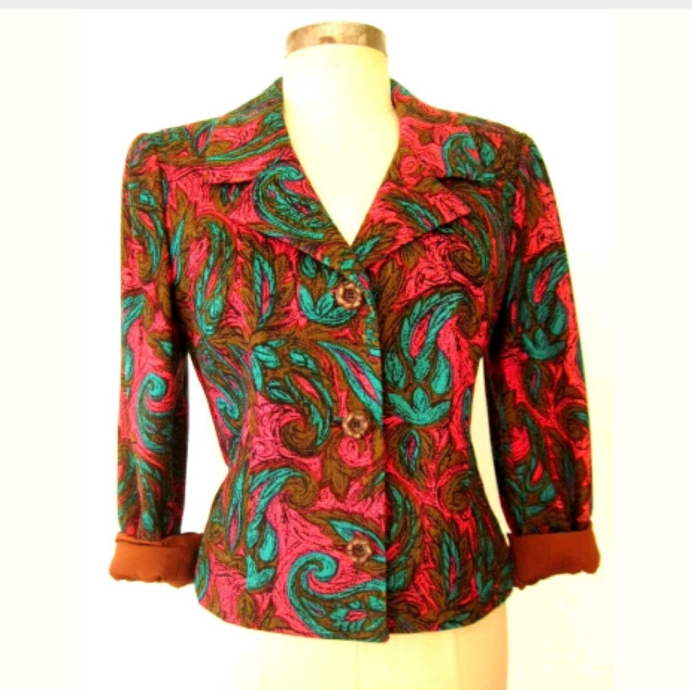 60s 1960s Vintage Colorful Tapestry Blazer Jacket