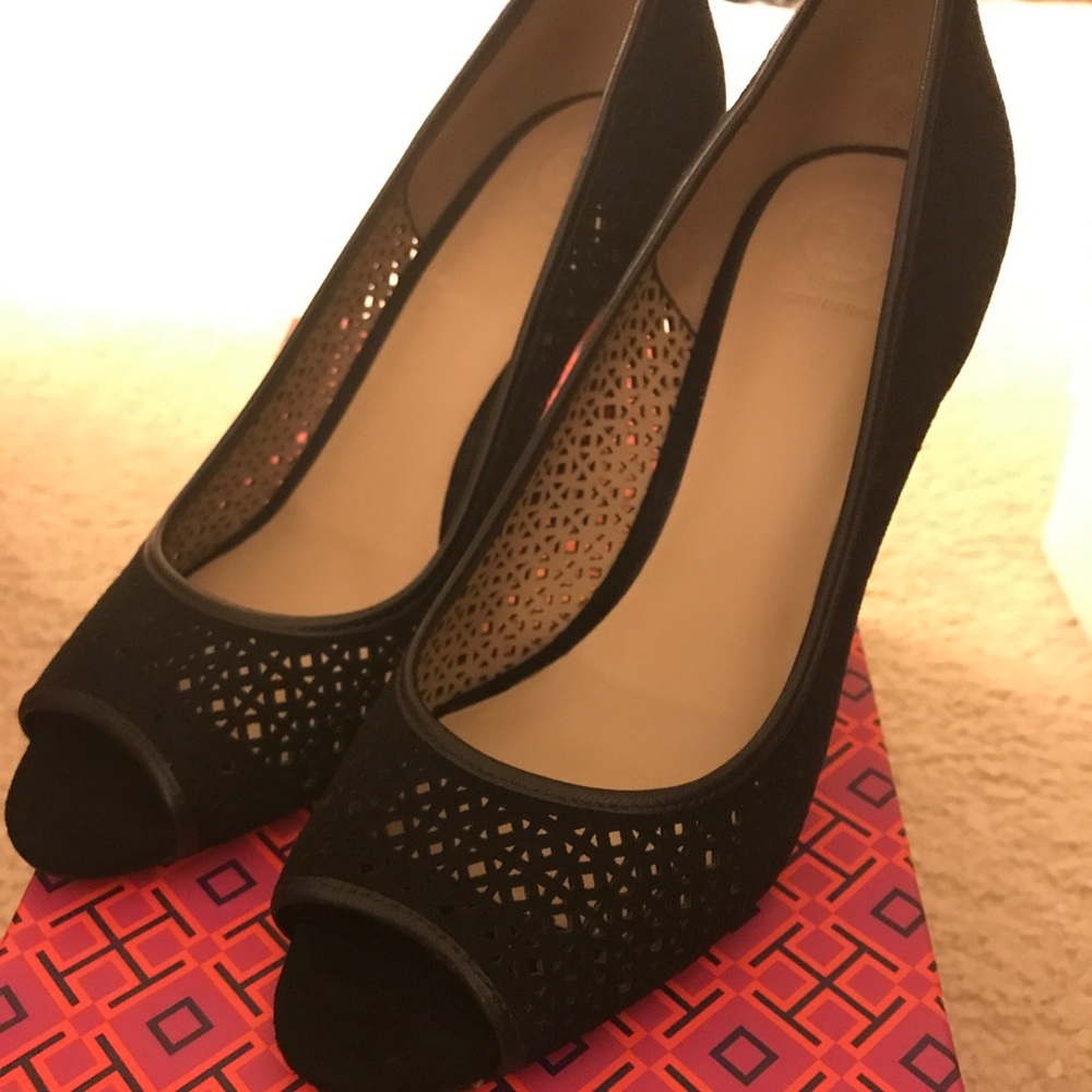 Tory Burch black suede open toe heels