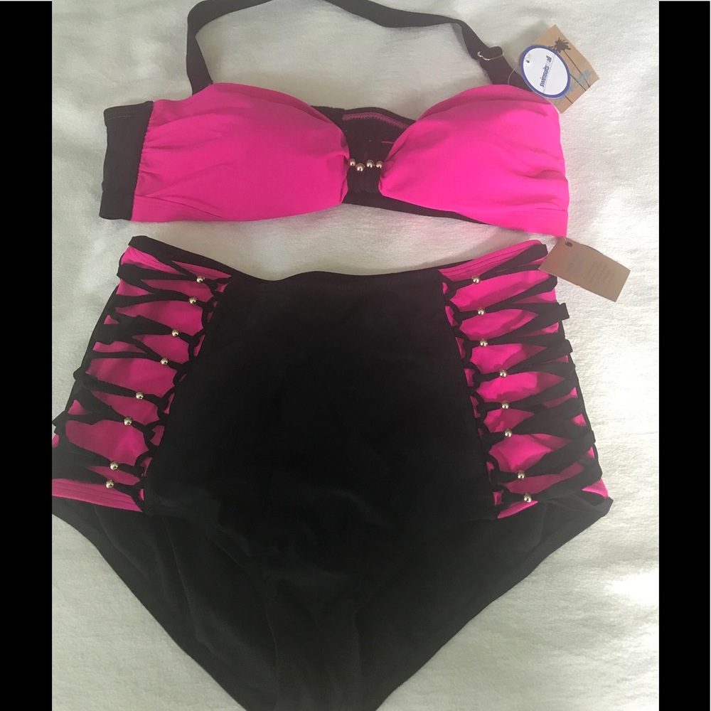 Hot pink and black high waisted bikini