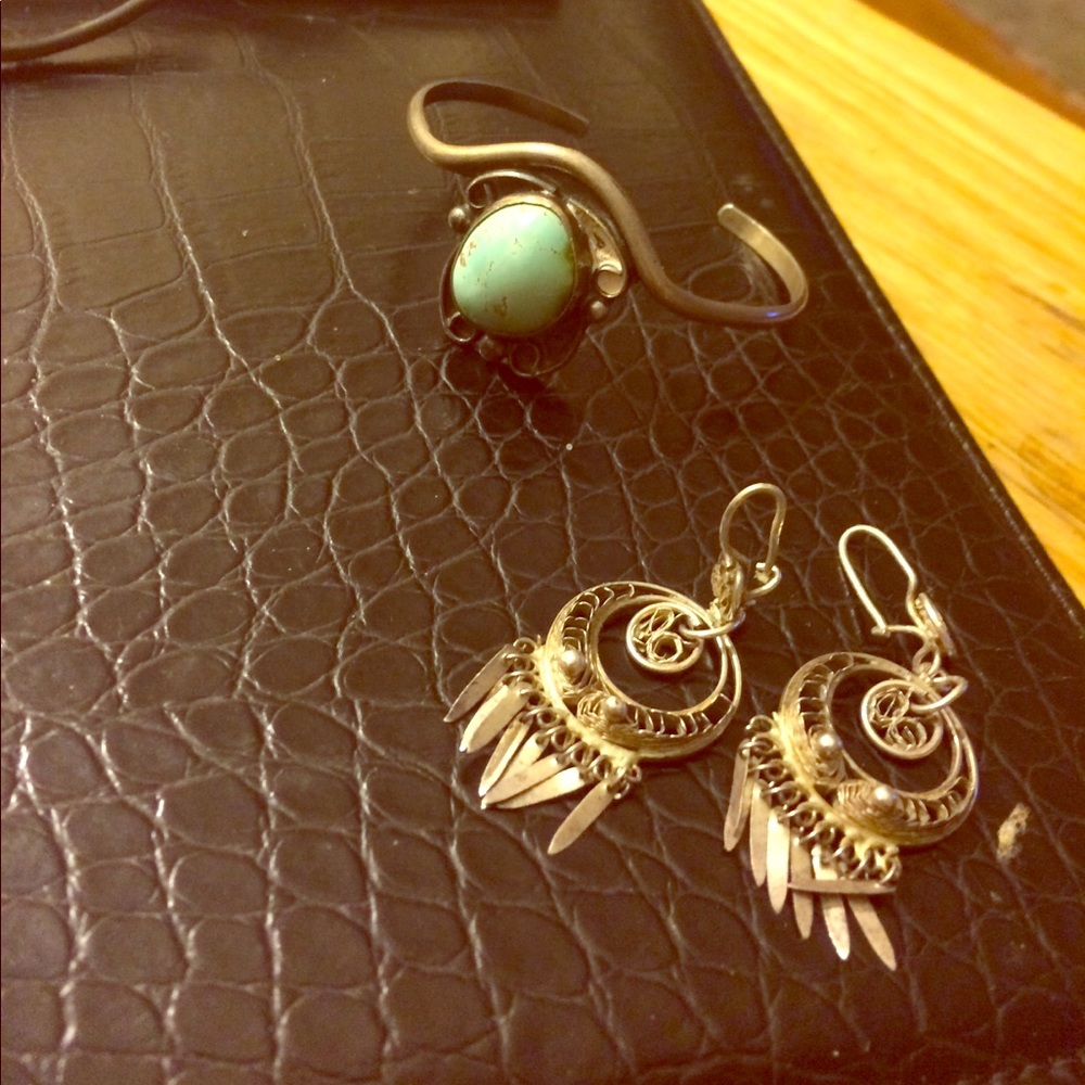 Old silver ear rings and bracelet