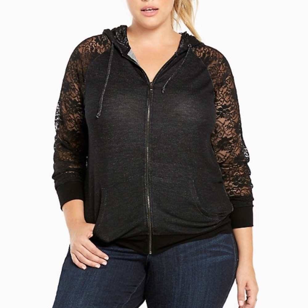 Torrid Dark grey hoodie with Lace sleeves