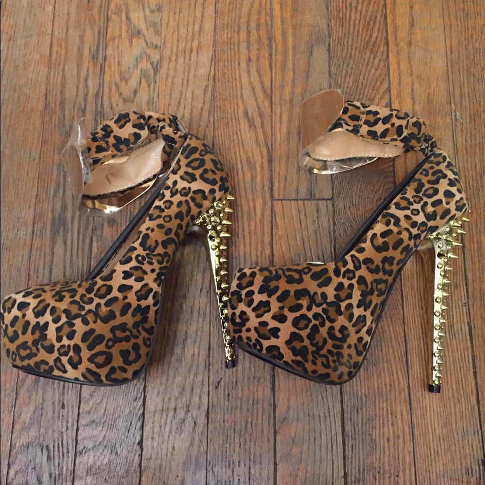 Leopard Gold Cuff Ankle Spiked Heels
