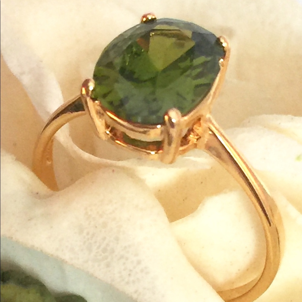 Classic Peridot Ring Green Color CZ Oval Stone.