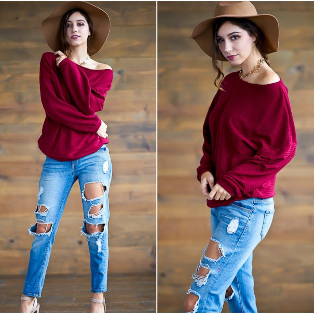 🆕 Burgundy LS Ribbed Knit Top - Picture 2 of 4