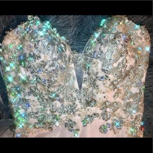 Peach sparkly strapless gown