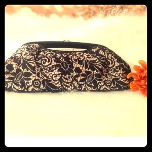 Express Paisley Satin Black & Beige Clutch Purse