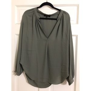 Muted Green-Grey Long Sleeve Deep-V Blouse