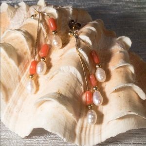14k gold Pearl and coral drop earrings!