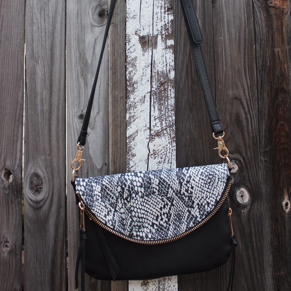 White Snake Skin Black Purse with gold finish