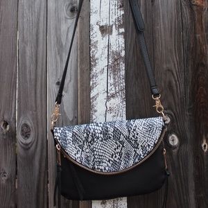 White Snake Skin Black Purse with gold finish