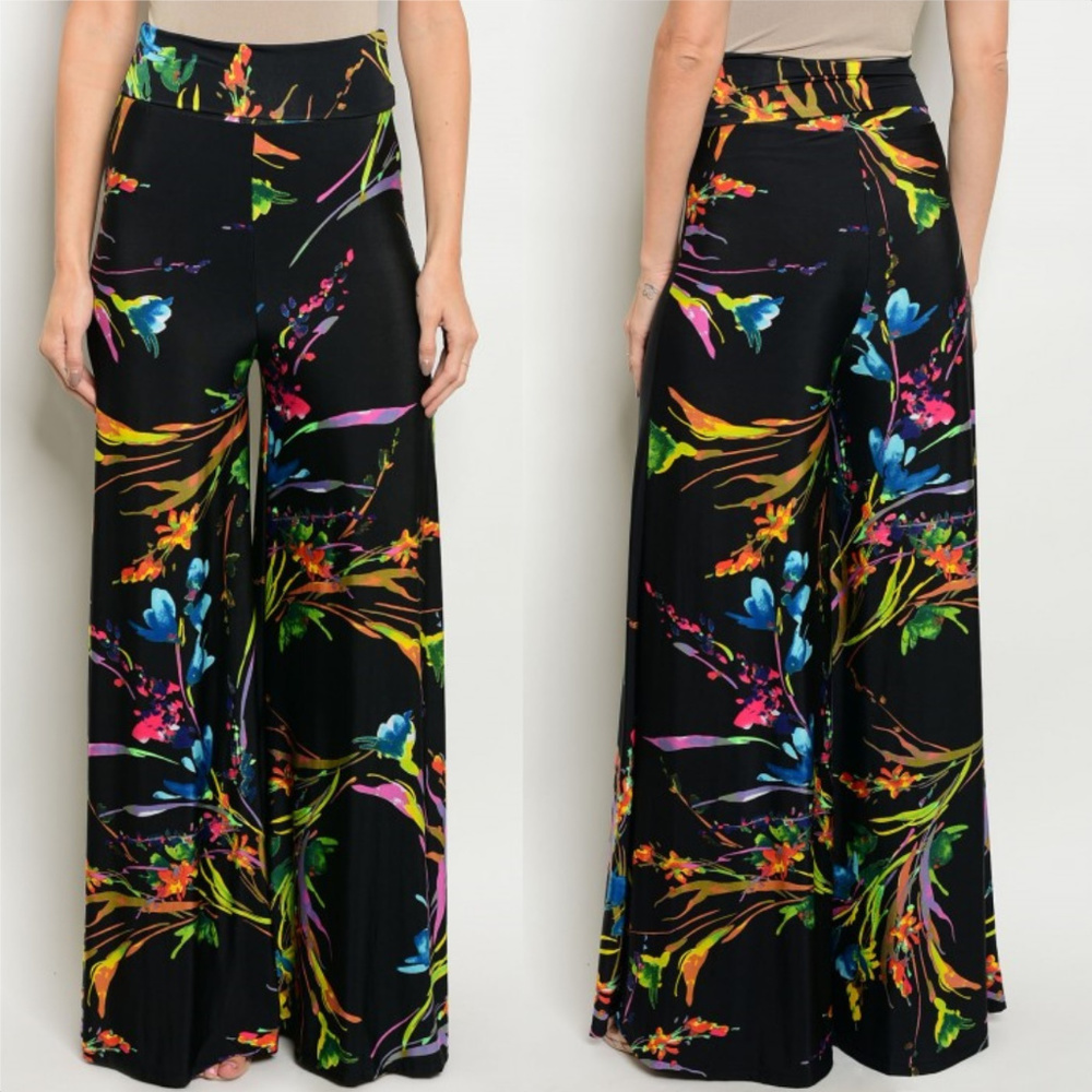 💗LAST 1💗BLACK FLORAL PRINT WIDE LEGGED PANTS - Picture 3 of 3