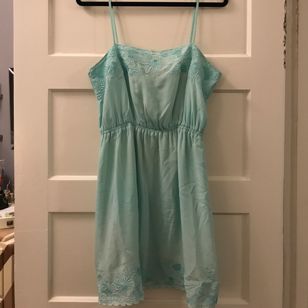 100% silk sea foam green embroidered dress