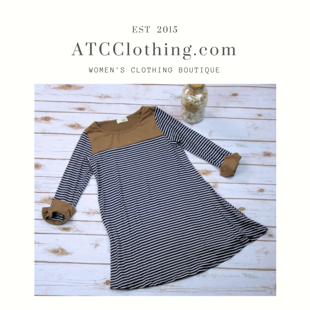 B2V Striped Tunic Dress With Suede Detail Contrast