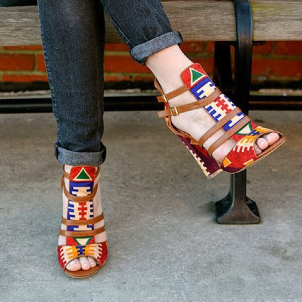 Aztec printed strappy peep toe heels