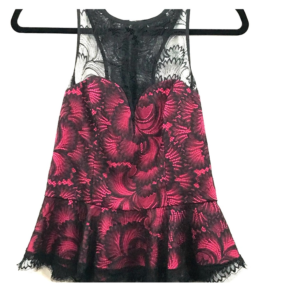 Bebe Hot Pink Peplum Top w Black Lace Overlay