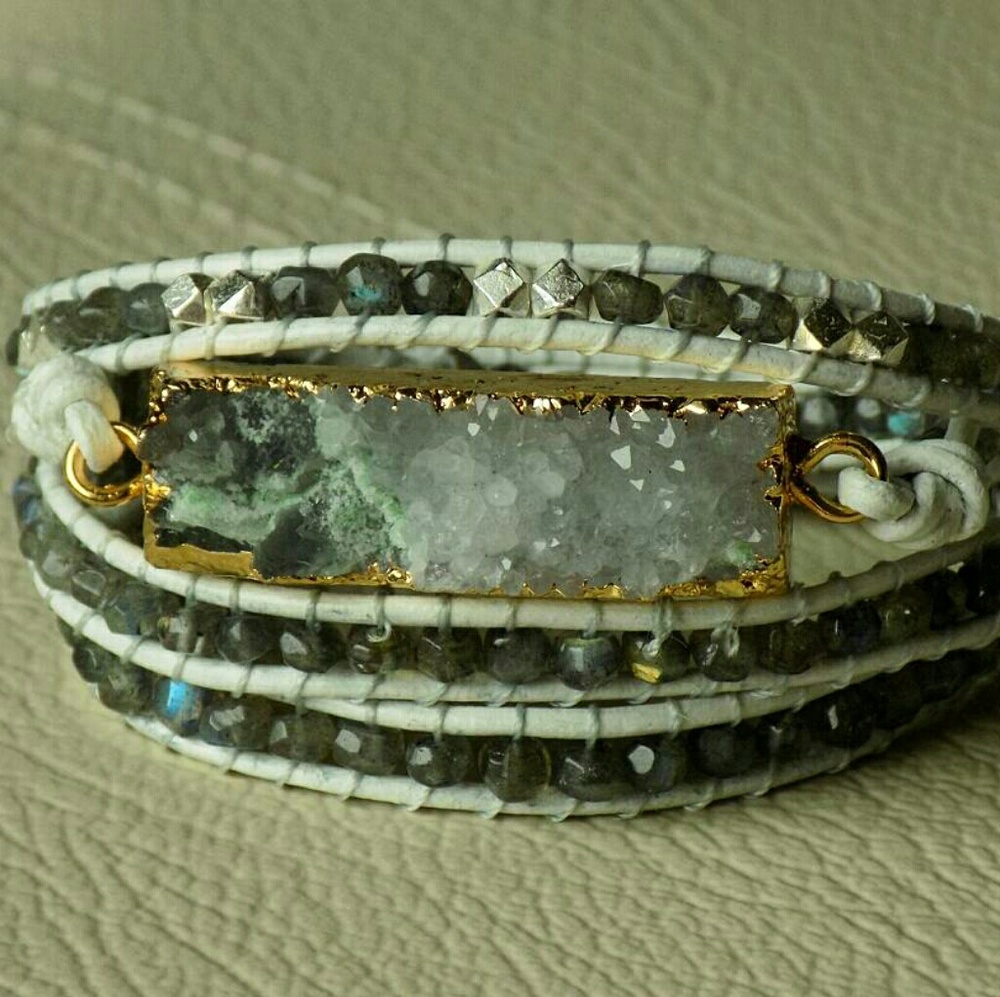 Druzy Agate & Labradorite Leather Wrap Bracelet
