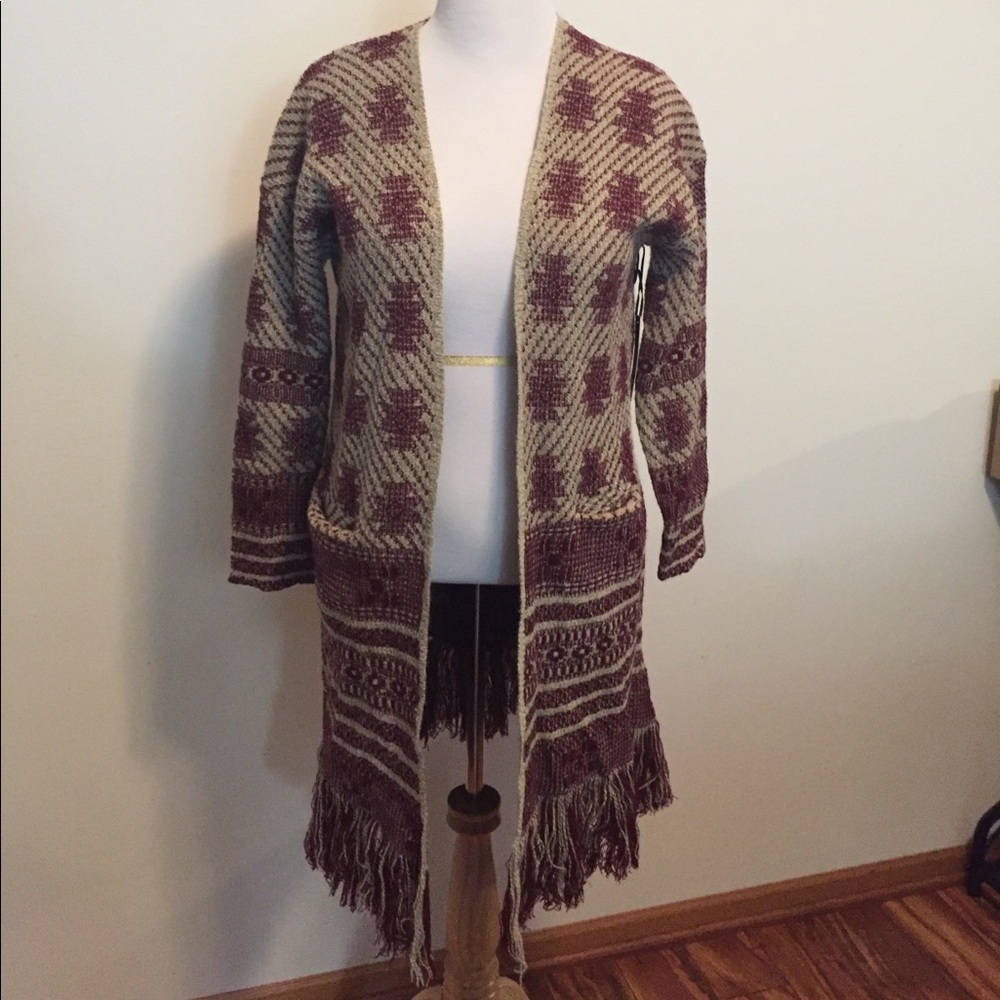 NWT Maroon And Gray Knit Long Sweater with fringes
