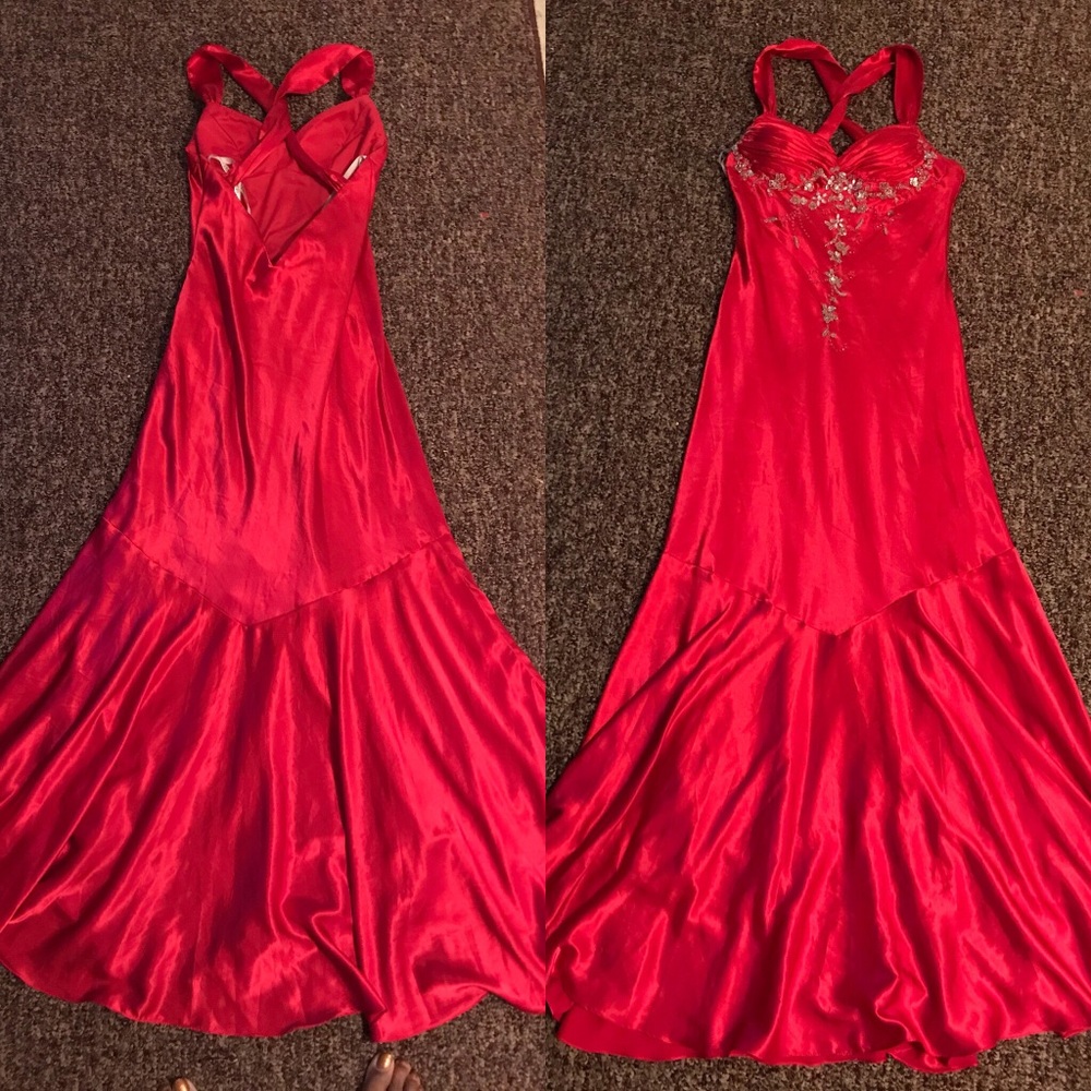 Long red gown with beading design