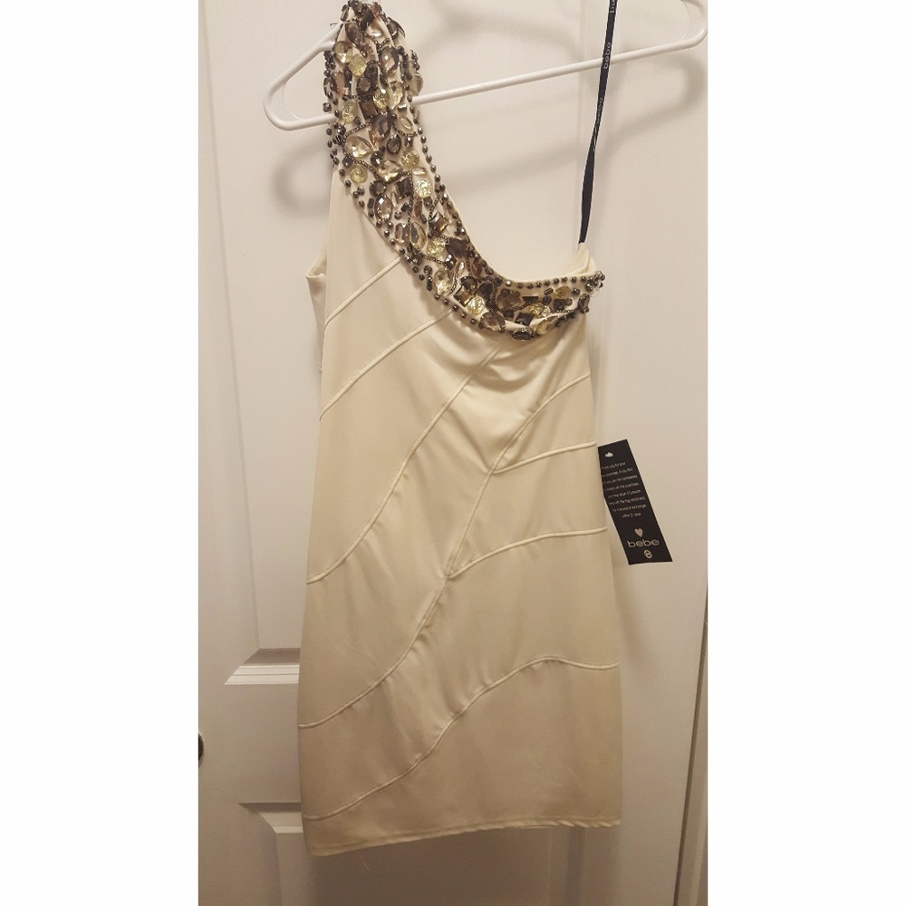 Bebe Cream One Shoulder Beaded Dress