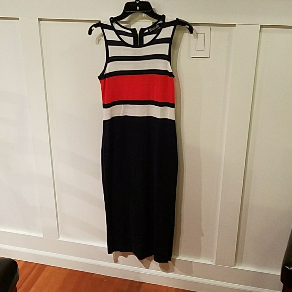 Sleeveless navy blue and red orange dress.