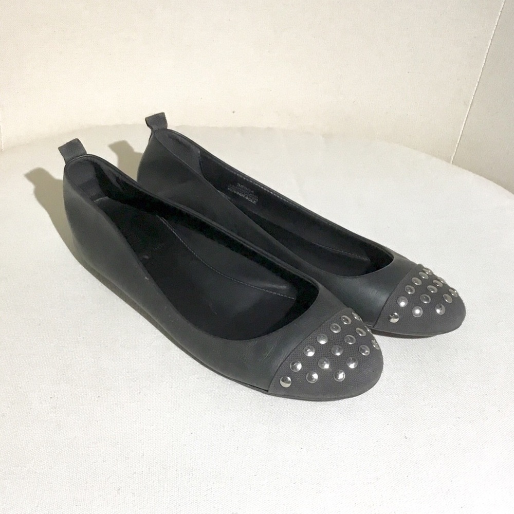 J.Crew black studded leather ballet flats.