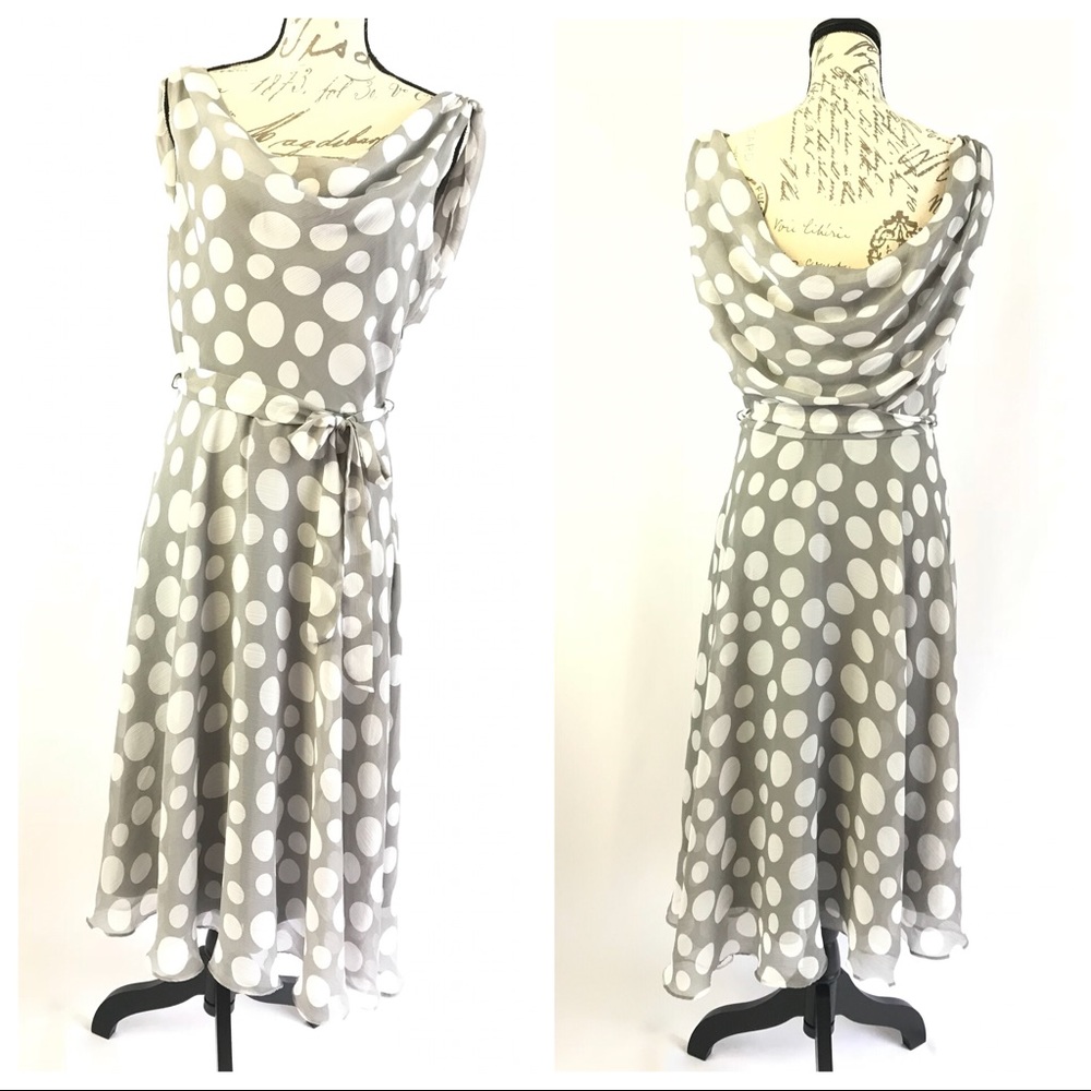 MSK Gray Polka Dot Flirty Belted Dress Size 8