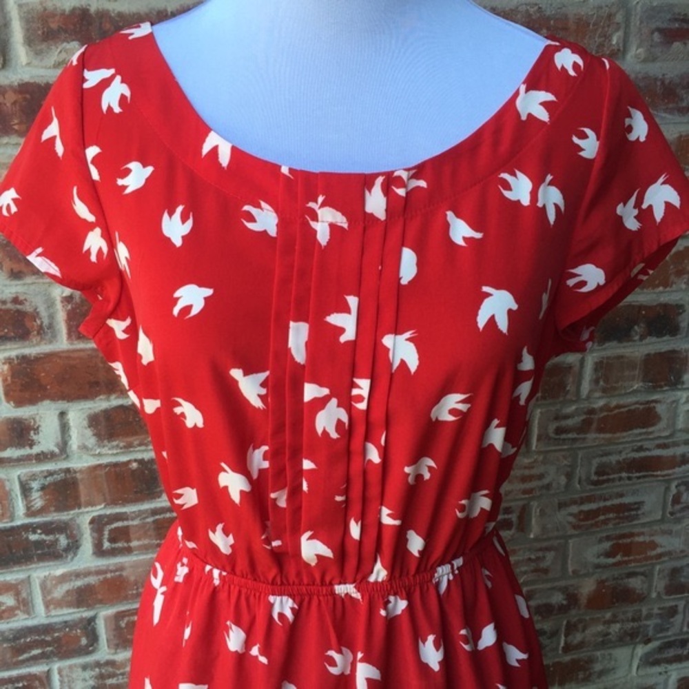 Red dress with white birds