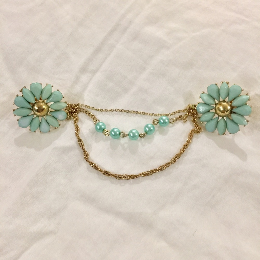 Vintage Sweater Pin Set with Chain & Pearls