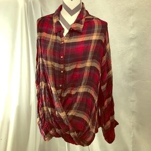 Button up Red tan and blue plaid shirt