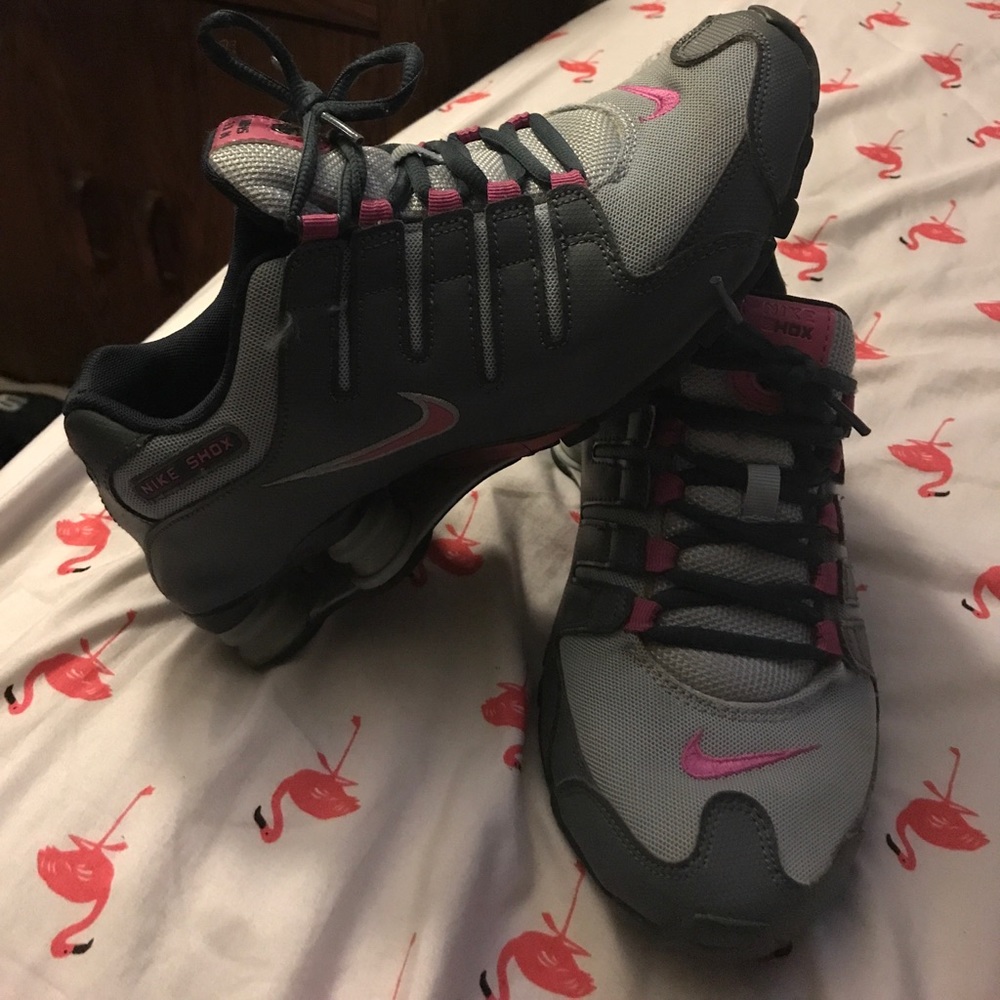 Grey and pink Nike Shox