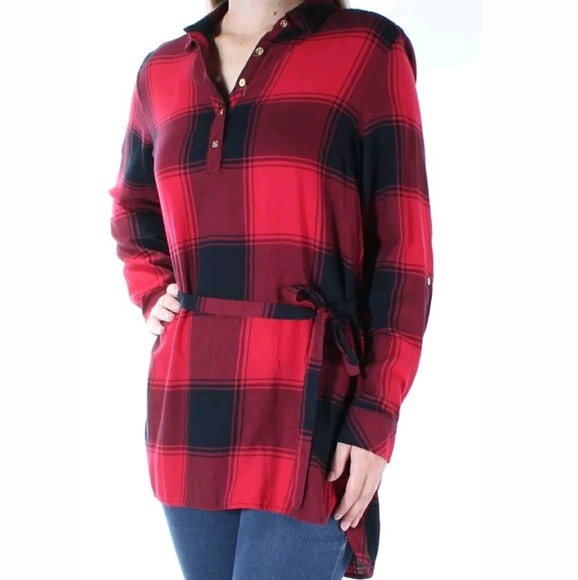 TOMMY HILFIGER RED BLACK PLAID LONG SLEEVE TOP - Picture 1 of 4