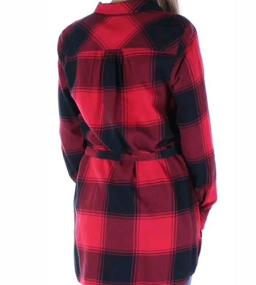 TOMMY HILFIGER RED BLACK PLAID LONG SLEEVE TOP - Picture 2 of 4