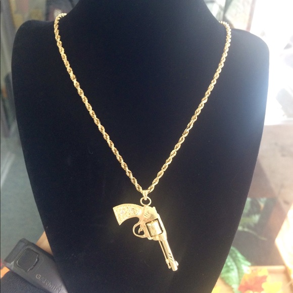 *SOLD* 14k Gold Rope Chain Diamond Pistol Necklace - Picture 3 of 7