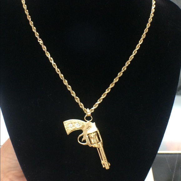 *SOLD* 14k Gold Rope Chain Diamond Pistol Necklace - Picture 4 of 7