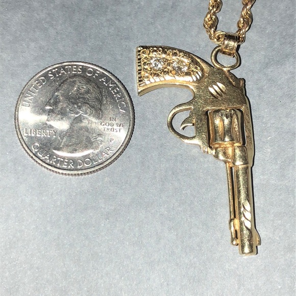 *SOLD* 14k Gold Rope Chain Diamond Pistol Necklace - Picture 6 of 7