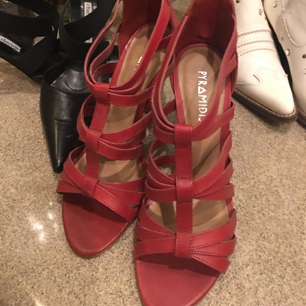 Shoes strapped zip up the back and go RED heals