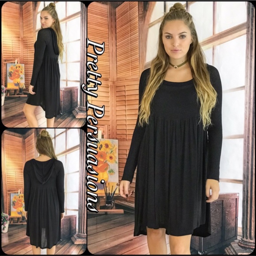 Black High-Low Hooded Jersey Knit Dress - Picture 3 of 4