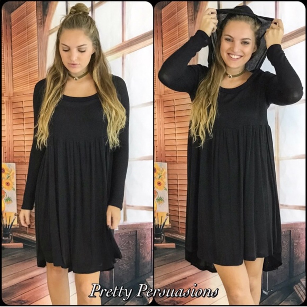 Black High-Low Hooded Jersey Knit Dress - Picture 2 of 4