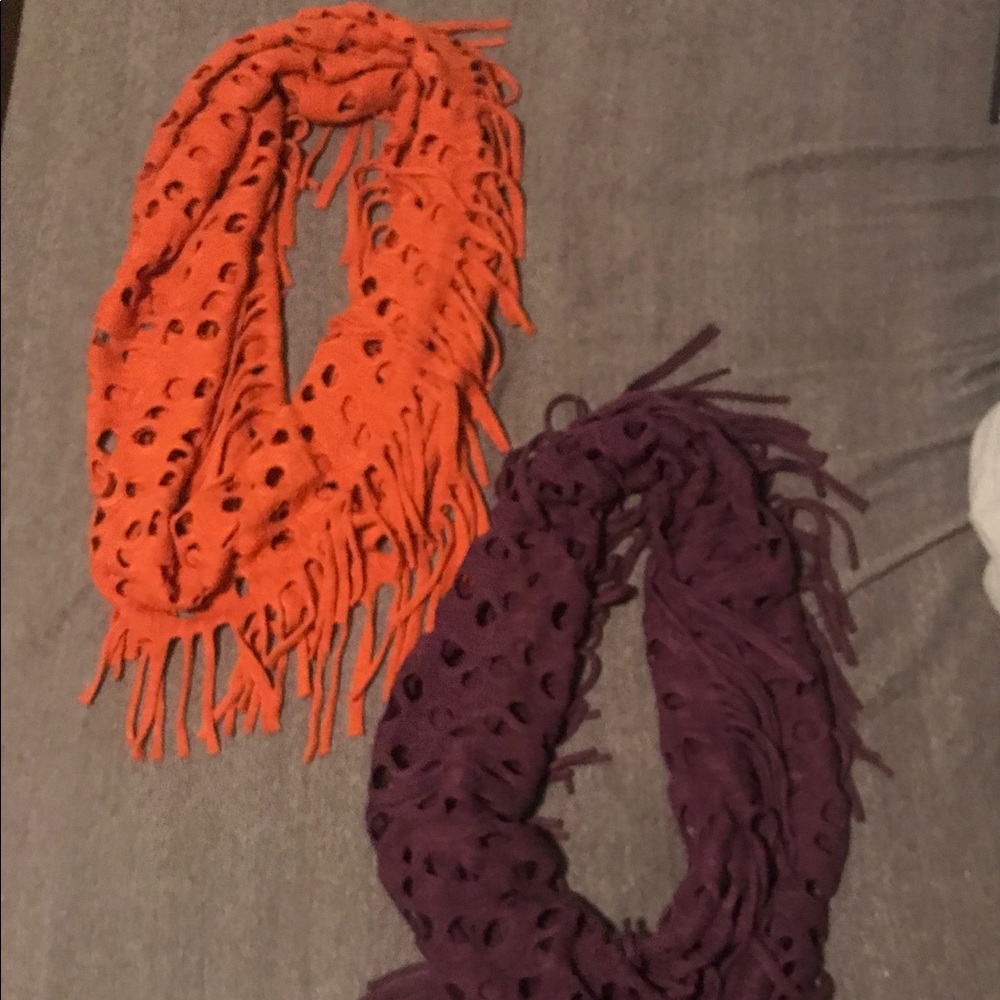Burnt orange and purple infinity scarves