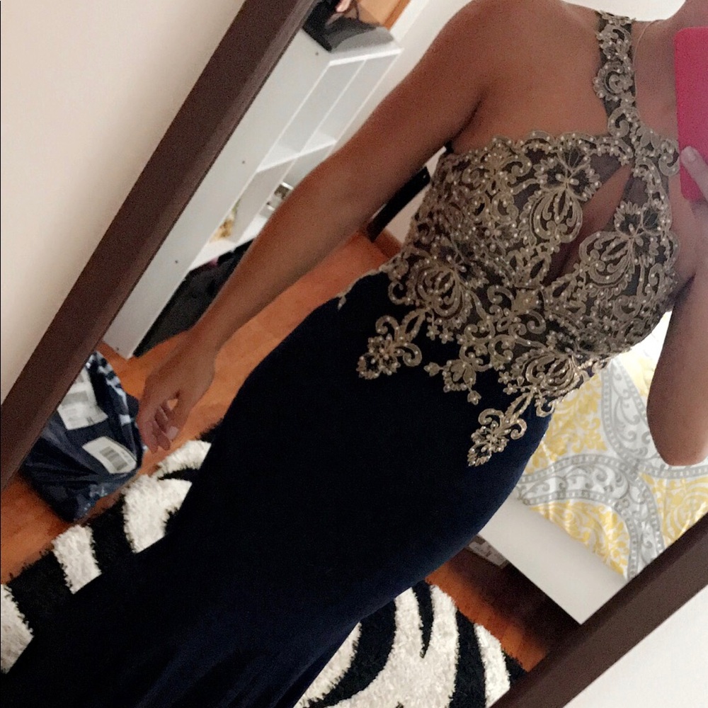 Xscape crystal embroidered velvet gown