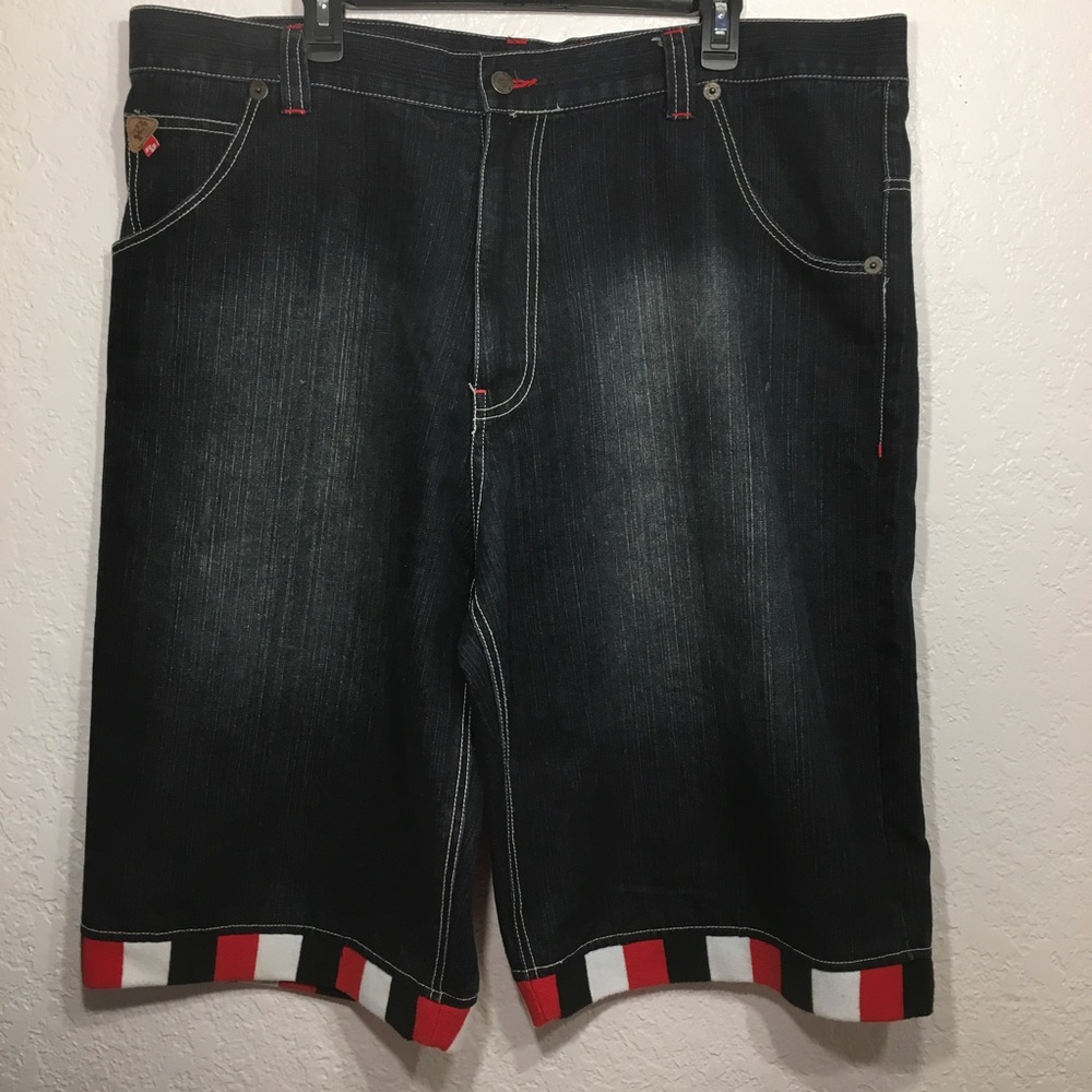 Raw Blue Denim Shorts w/red, white, blue. Hem
