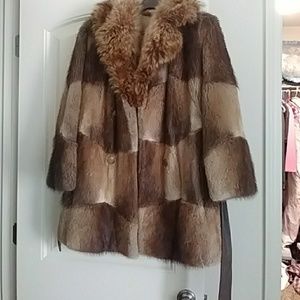 "Patchwork" faux fur coat with leather tie belt
