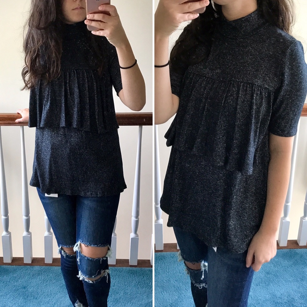 Charcoal Ruffle Keyhole Back Comfy Shirt