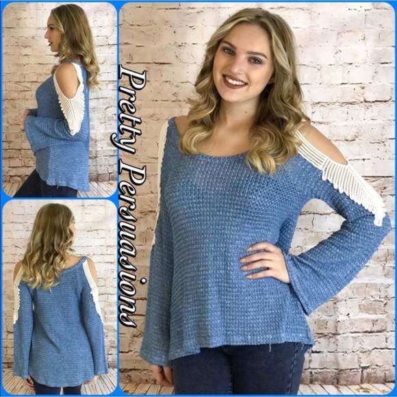 Waffle Knit Crochet Cold Shoulder Bell Sleeve Top - Picture 3 of 4