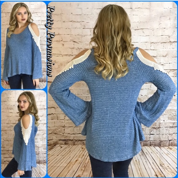 Waffle Knit Crochet Cold Shoulder Bell Sleeve Top - Picture 4 of 4