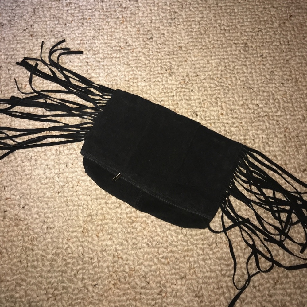Black Fringed Leather Pullover Clutch
